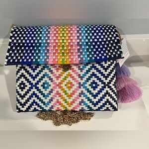 Squeeze De Citron, Woven Rainbow Accent Clutch with Tassel